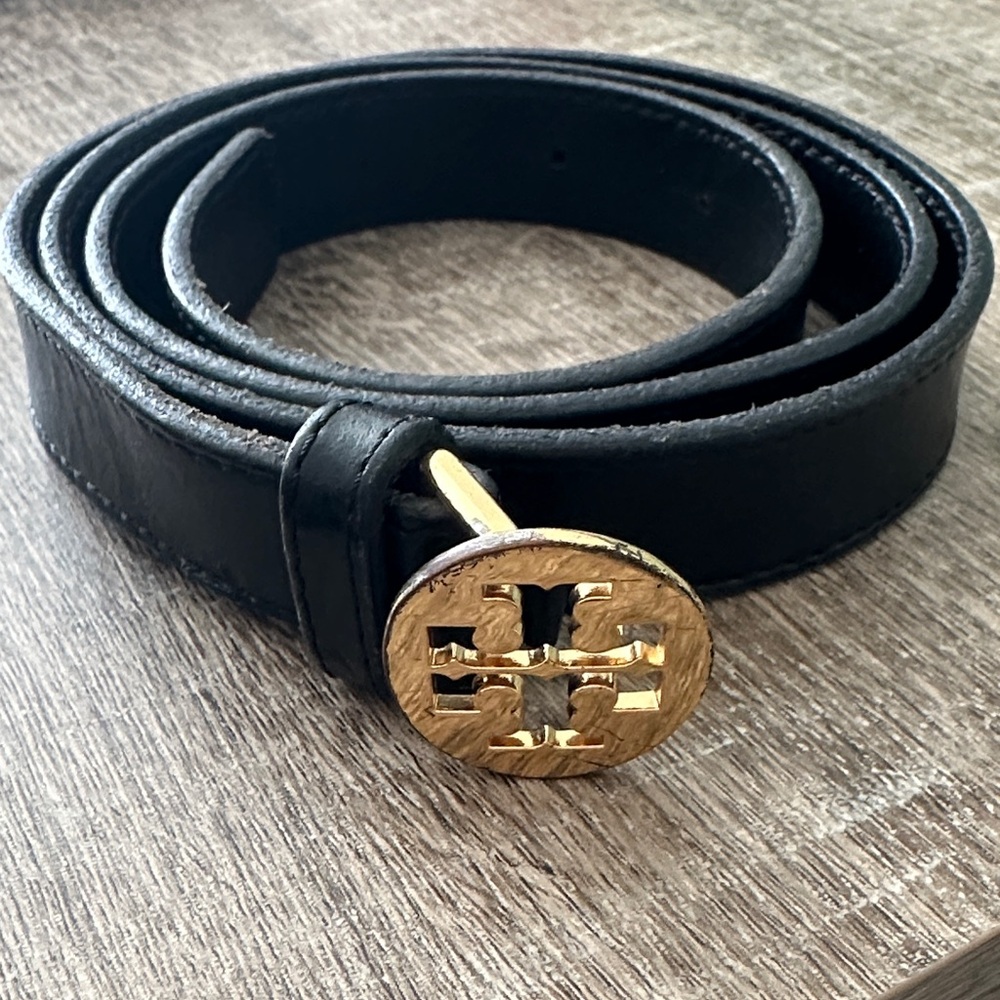 Tory Burch Vintage Black Leather Slim Belt with Gold Logo Buckle
